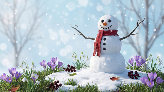 snowman on frozen springlike scene where the snow is melting and spring flowers are blooming