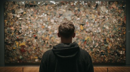Person Standing in Front of an Abstract Wall Art Installation