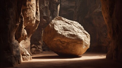 Large boulder blocking the cave entrance with light shining through.