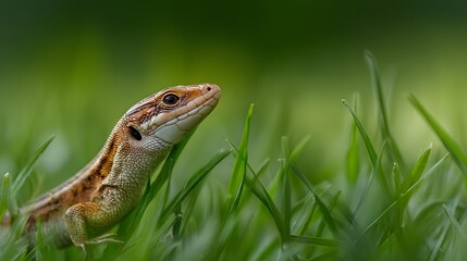 Naklejka premium Lizard basking in the sun among the green grass.