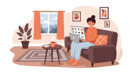 A woman shops online and works from home comfortably on her couch.