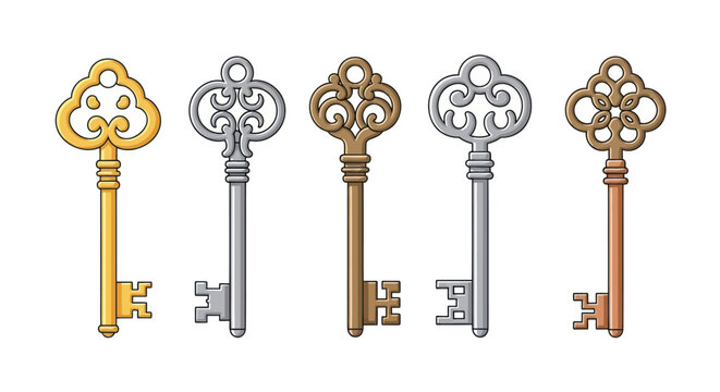 Collection of five antique skeleton keys isolated on white background.