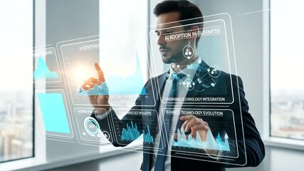 Businessman Interacting with Digital Analytics Display - Powered by Adobe