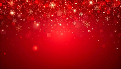 Festive holiday background featuring sparkling glitter, glowing bokeh, and intricately detailed snowflakes on a rich red gradient
