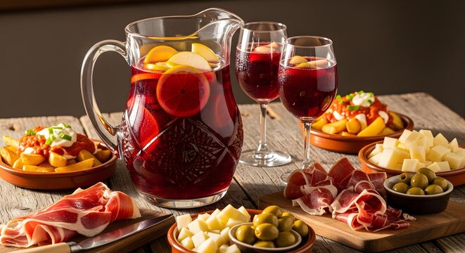 Refreshing Spanish Sangria pitcher and wine glasses served with traditional tapas assortment.