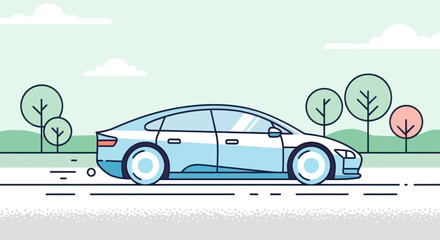 Electric vehicle driving through a green landscape in a clean, modern illustration.