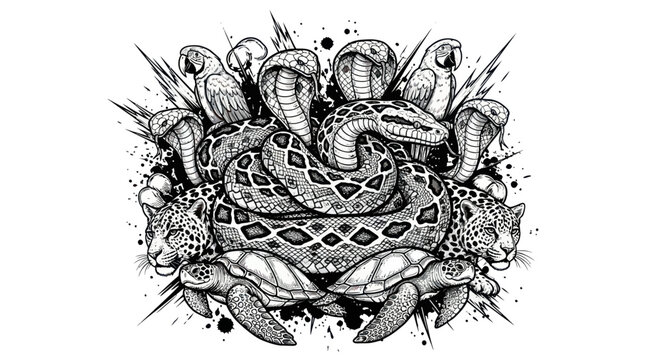 Intricate black and white wild animal illustration with snakes, leopards, turtles, and parrots.