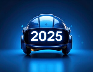 Futuristic digital headwear prominently displays "2025" in a vibrant, glowing display. The device rests on a glossy surface