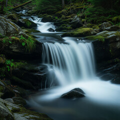 Obraz premium A serene long exposure shot of a beautiful waterfall cascading over moss-covered rocks in a vibrant green forest, creating a tranquil natural scene.