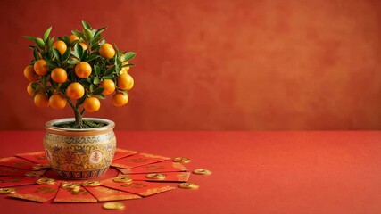 Potted kumquat tree with tangerines, red envelopes and gold coins for Chinese New Year traditional holiday decoration. Lunar New Year celebration.