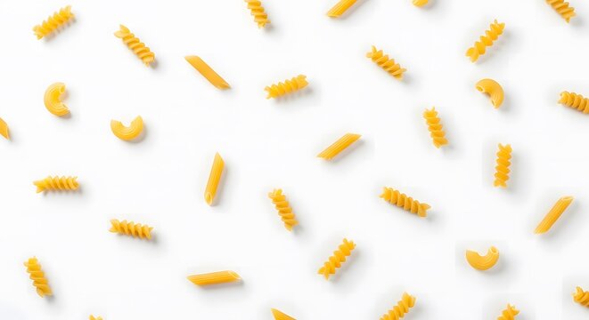 Seamless pattern of various raw yellow pasta types scattered on a clean white background