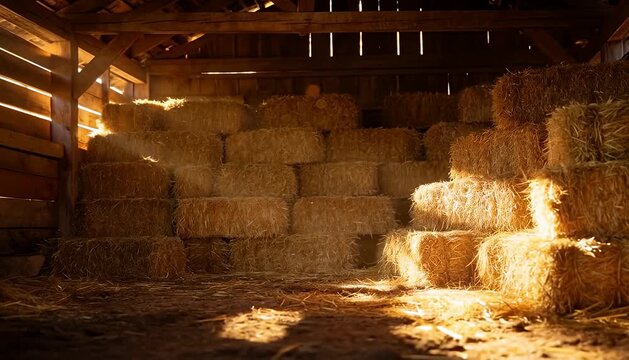 Sunlit barn interior with stacked hay bales and dramatic light rays illuminating dust motes, straw, sunlight.