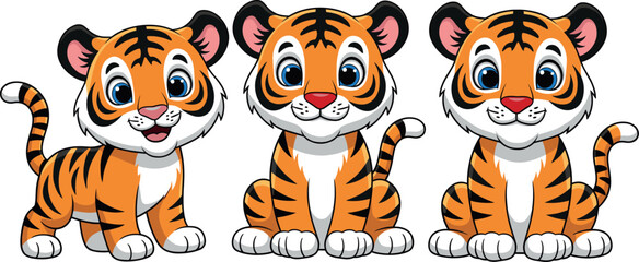 Obraz premium Cute Cartoon Trio of Happy Tiger Cubs Sitting and Standing Together, Adorable Striped Wild Animal Characters Vector Illustration for Kids.