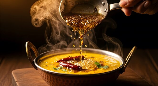 Sizzling Dal Tadka Hot tempering of oil and cumin seeds poured over traditional Indian lentil curry