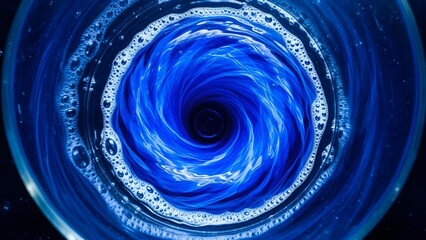A mesmerizing blue vortex of water swirling rapidly in a clear container, creating a powerful whirlpool effect with foamy edges.