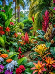 Obraz premium A lush, tropical garden bursts with life and color, showcasing an array of exotic flowers, leaves, and vibrant blooms