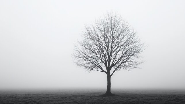 Lonely Bare Tree in Foggy Landscape - Moody Black White Atmospheric Element