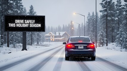 Car drives safely on snowy road with drive safely holiday season billboard
