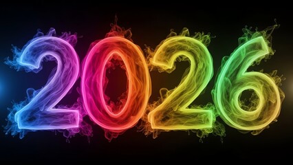 Vibrant Glowing Smoke Forming Year 2026 on Dark Background, Abstract New Year Celebration