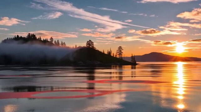 Dazzling sunset glow covers the lake surface, and the golden-red streaks of light reflect the drifting clouds in the sky
