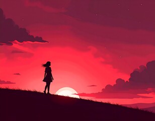 Silhouette of a woman standing on a hill against a vibrant red sunset with clouds. Stars are visible