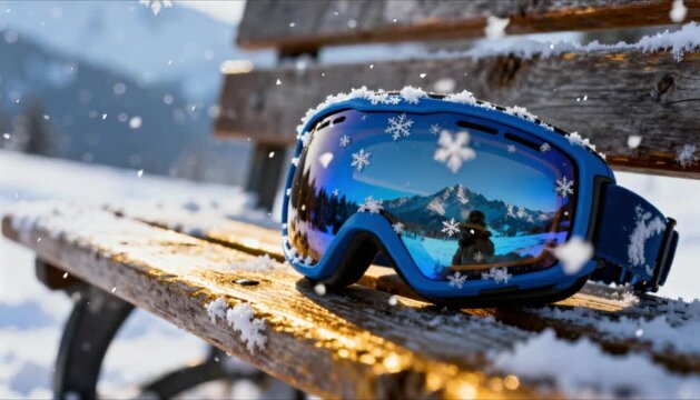 snow falling onto blue ski goggles on wooden bench with mountain reflection perfect for world snow day