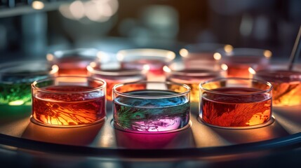 Close-up of colorful petri dishes in a laboratory setting, showcasing scientific research and development.
