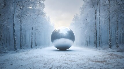 Mystical Sphere in a Snowy Forest - A Surreal Winter Landscape.