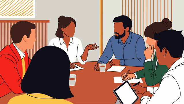 Diverse group of professionals collaborating around a conference table, discussing ideas and working together.