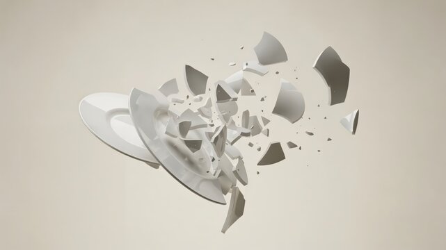 Exploded View of Broken White Ceramic Plate with Fragments Captured in Mid-Air