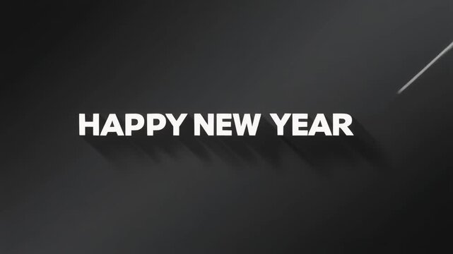 Happy New Year text with long shadow on a dark gray background, celebrating the holiday season.