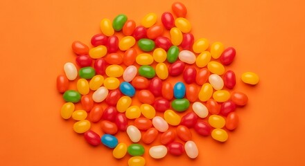 Obraz premium Colorful Jelly Beans Scattered on a Vibrant Orange Background.
