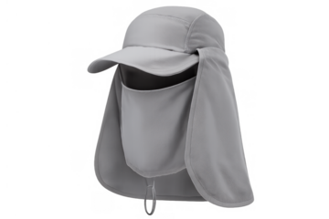 Gray outdoor sun protection cap with neck flap and face cover, providing full coverage for fishing and hiking activities