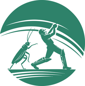 Cricket player batting against a large insect in a circular design grasshopper msea