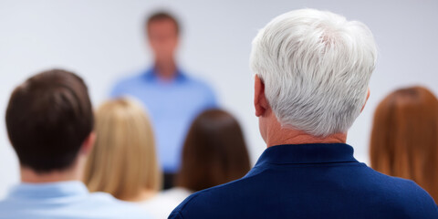 Seminar corporate business company executive manager professional meeting presentation screen room interior modern white table chair people adult businessman businesswoman adviser investor