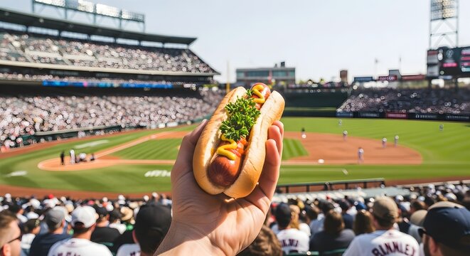 Holding Hot Dog with Mustard at Baseball Game Surrounded by Cheering Spectators