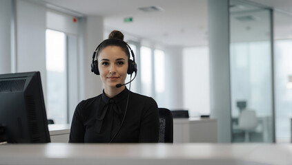 Smiling Customer Service Representative at Work: A poised and professional customer service representative, radiating warmth and competence, assists a customer within a modern office setting.
