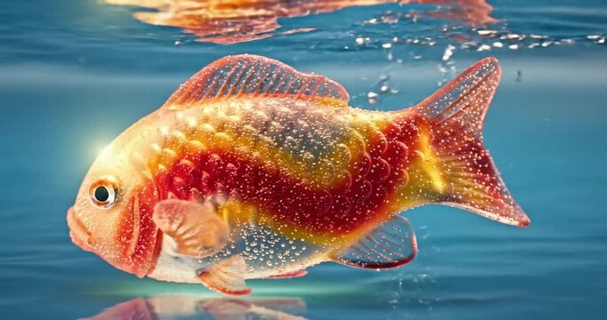Colorful fish swimming gracefully in clear water, surrounded by bubbles and light reflections