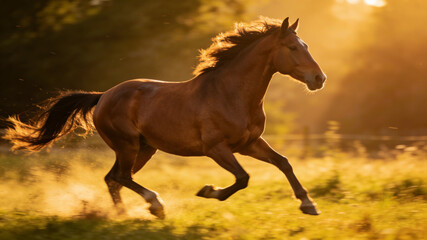 Majestic brown horse galloping freely, embodying wild grace and untamed spirit