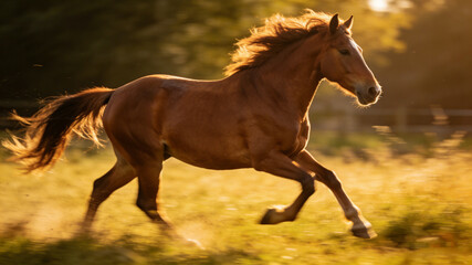 Majestic brown horse galloping freely, embodying wild grace and untamed spirit