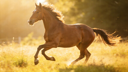Majestic brown horse galloping freely, embodying wild grace and untamed spirit