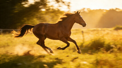 Majestic brown horse galloping freely, embodying wild grace and untamed spirit