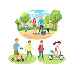 People generation. People of all ages in the Park. Set of illustrations of people walking in the Park, on bike, on scooter, on gyrometer, segway. Happy family. Vector illustration flat cartoon style
