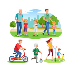 People generation. People of all ages in the Park. Set of illustrations of people walking in the Park, on bike, on scooter, on gyrometer, segway. Happy family. Vector illustration flat cartoon style
