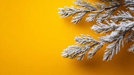 A close-up view of a frosted evergreen branch on a vibrant yellow background, creating a festive aesthetic