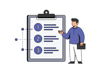 Man presenting checklist with numbered steps on clipboard illustration - Vector stock illustration - Technology stock illustration - Business stock illustration - website stock illustration