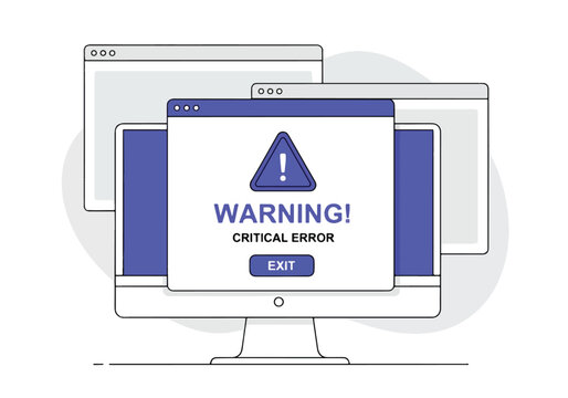 Computer screen shows critical error warning message with exit button - Vector stock illustration - Technology stock illustration - Business stock illustration - website stock illustration