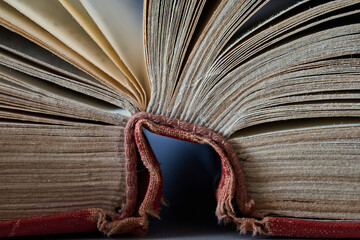 Open book shows detailed pages and worn spine