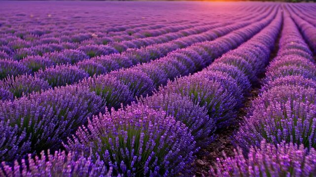 A vast field of vibrant purple lavender flowers, arranged in rows, bathed in the warm light of sunset