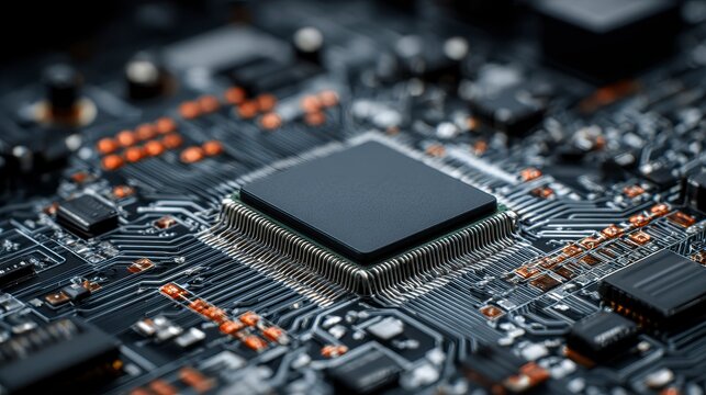 A close-up view showcases a central processing unit (CPU) chip embedded in a circuit board, with intricate electronic pathways - Powered by Adobe